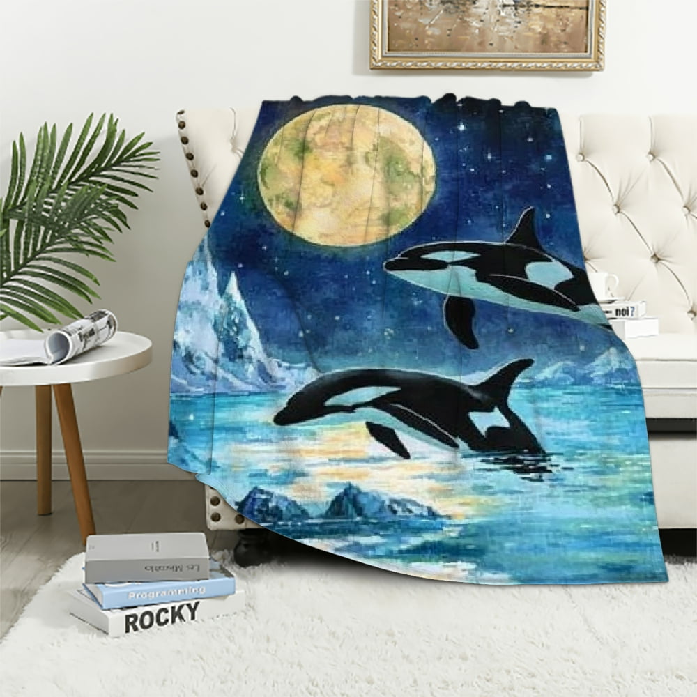 Autua Orca Whales Ocean Full Moon Super Soft Blanket Throw Blanket for All Seasons 60x80in