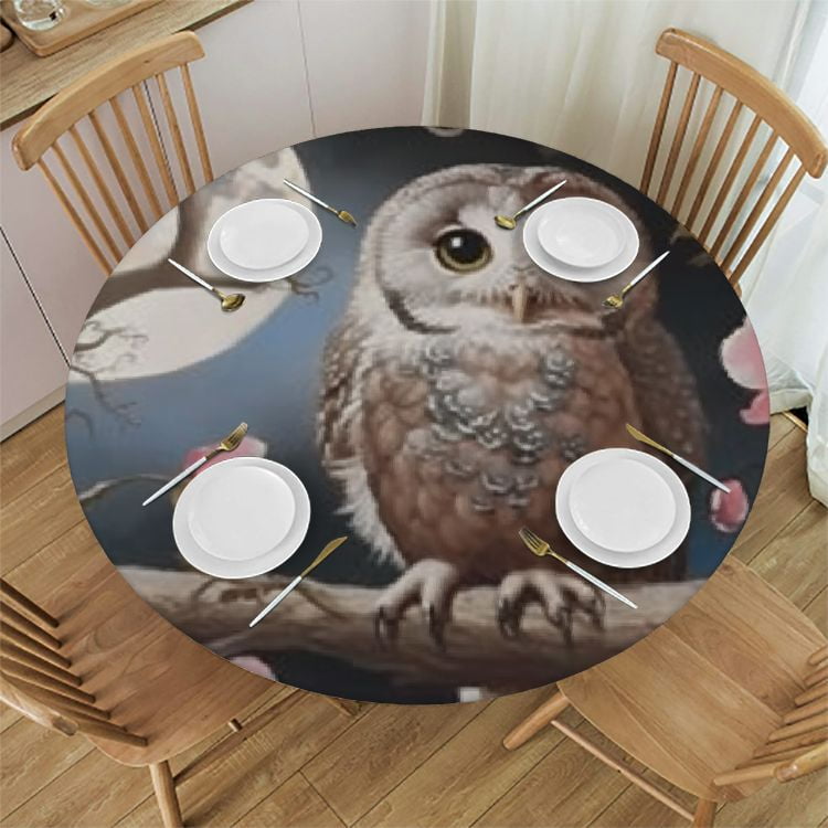 Autua Owl Moon Flowers Round Table Cover Stain Resistant Washable 100