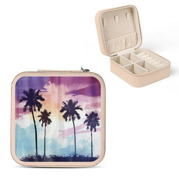 Autua Palm Tree Silhouette Small Jewelry Box for Women - Necklace, Ring, Earring Organizer Case with Compact Size and Multiple Storage Spaces Pink
