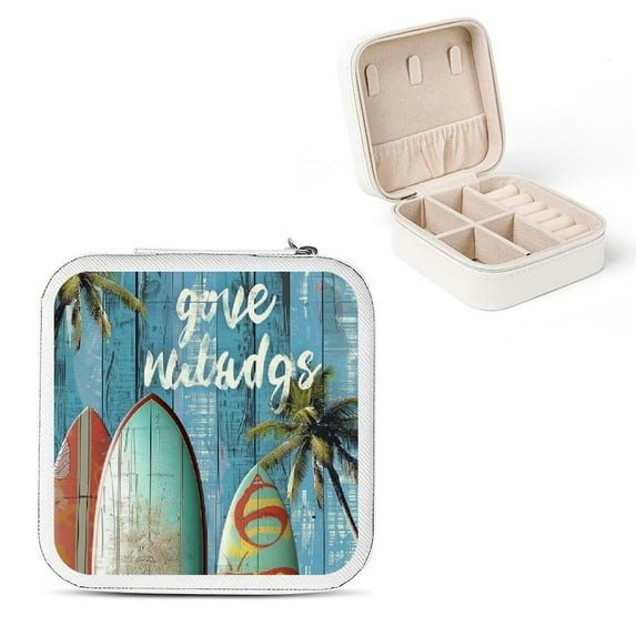 Autua Palm Tree Travel Jewelry Case Organizer with Necklace Hooks and Zipper Storage Box, Compact Size for Rings, Earrings, Bridesmaid Gifts, 3.8x3.8x2 Inches White