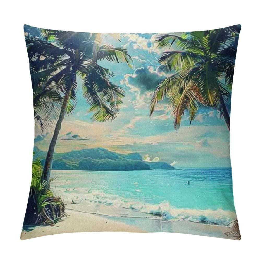 Autua Palm Trees Beach Sunbeam Graphic Decorative Cushion Throw Pillow
