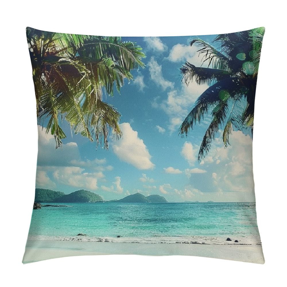 Autua Palm Trees Blue Sky Blue Ocean Graphic Decorative Throw Pillow