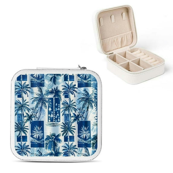 Autua Palm Trees Jewelry Box Travel Case Organizer for Necklace, Ring, Earring - Compact Size with Multiple Storage Spaces White