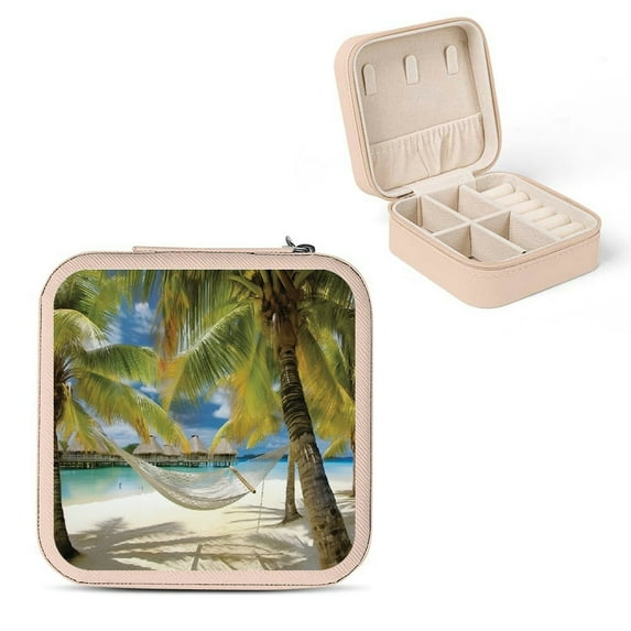 Autua Palm Trees Travel Jewelry Case Organizer with Necklace Hooks and Zipper Storage Box, Compact Size for Rings, Earrings, Bridesmaid Gifts, Mother's Day Gifts Pink