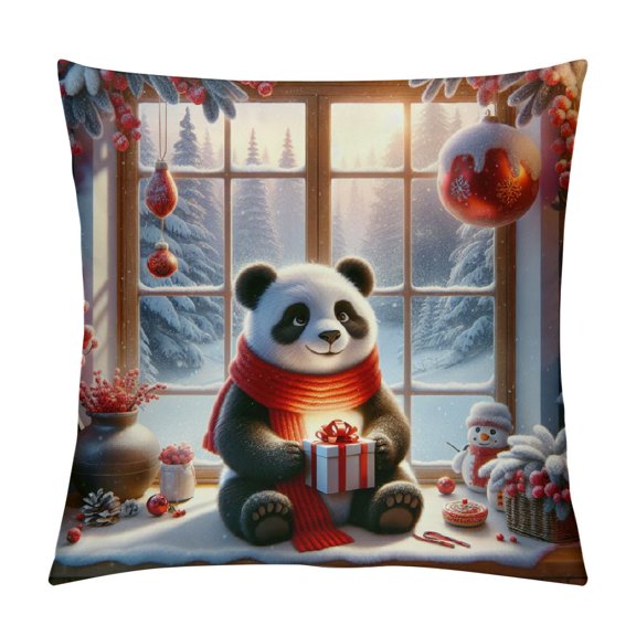 Autua Panda Snow Holiday Decorations Graphic Decorative Cushion Throw Pillow Cover Winter Theme Printed on Both Sides 1PC 12x12in