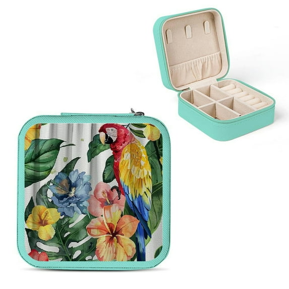 Autua Parrot Tropical Flowers Jewelry Storage Box Organizer for Necklace, Ring, Earring - Compact Size, Multiple Compartments Green