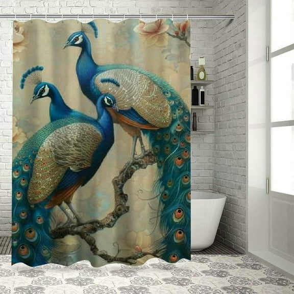 Autua Peacocks Flowers Chic Modern Bathroom Decor Shower Curtain Set with Hooks 100% Polyester Waterproof Fabric 69"x72