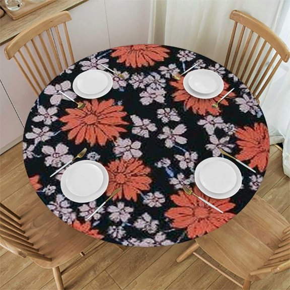 Autua Pillow Flowers Screenprint Round Tablecloth Stain-Resistant 100% Polyester 46"-50