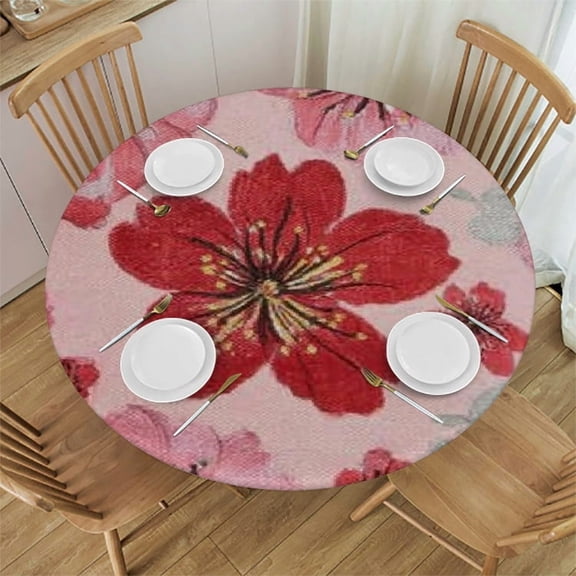 Autua Pink Flowered Pillow Red Center Round Tablecloth 100% Polyester 42"-46