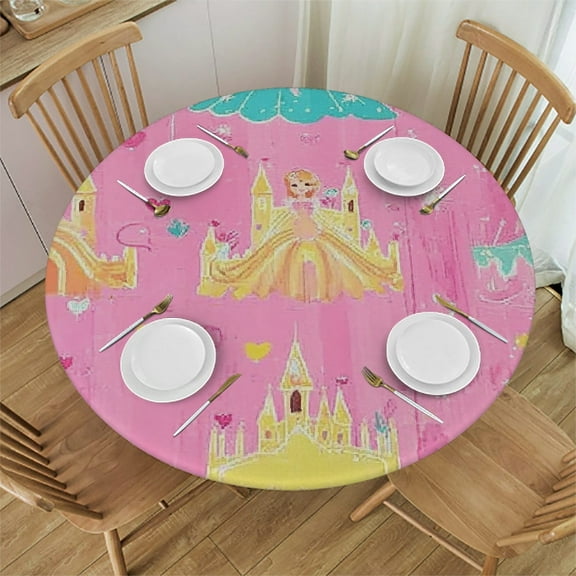 Autua Pink Princesses Castle Round Tablecloth Stain-Resistant 100% Polyester 54"-58