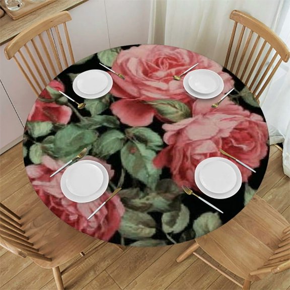Autua Pink Roses Green Leaves Round Tablecloth Waterproof Washable 31"-35