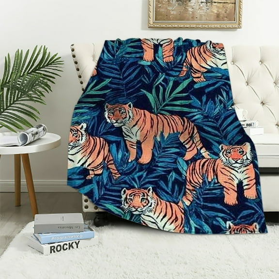 Autua Pink Tiger Blanket Gifts for Kids Women Adult Girls,Blue Foliage Throw Blankets,Soft Comfy Lightweight for Home Couch Bed Sofa Farm Decor,Animal Lovers 40x50in
