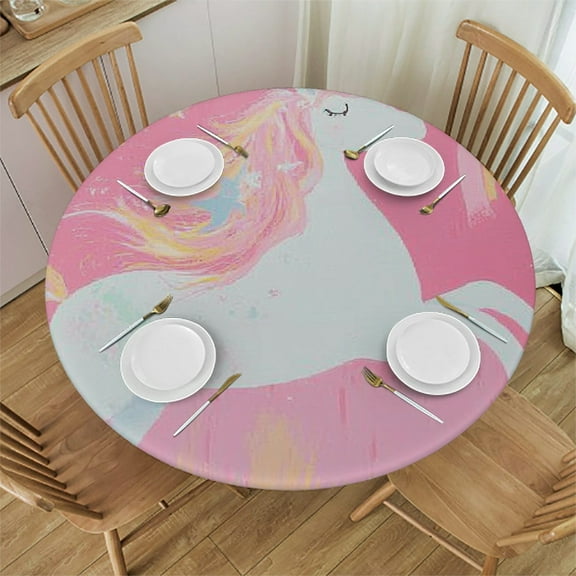 Autua Pink Unicorn Rainbow Round Tablecloth Stain-Resistant 100% Polyester 31"-35