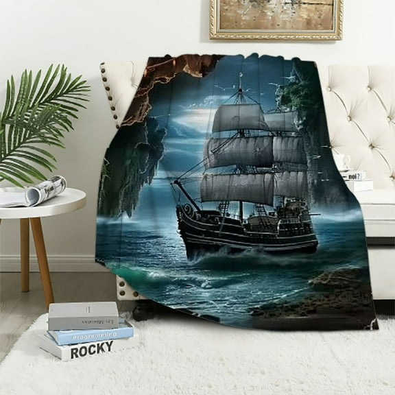 Autua Pirate Ship Cave Lantern Warm Lightweight Blanket Soft Fleece All Seasons Throw Blanket Sofa Decor Cow Gifts Blanket 40x50in