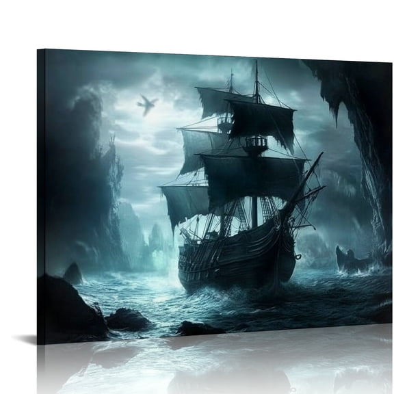 Autua Pirate Ship Dark Sea Fantasy Concept Art Canvas Wall Decor for Bedroom Kitchen Ready To Hang Room Home Art Decor 20x16in