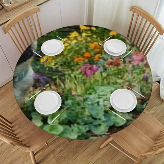 Autua Pug Dog Garden Round Tablecloth Stain-Resistant Washable Indoor Outdoor Restaurants Weddings Parties Waterproof Elastic Edge 42"-46
