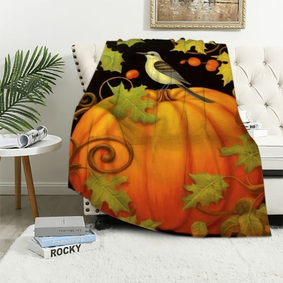 Autua Pumpkin Birds Vines Warm Lightweight Blanket Soft Fleece Throw Blanket For All Seasons 60x80in