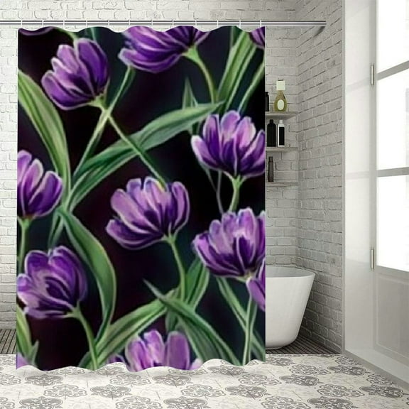 Autua Purple Green Floral Bathroom Décor Set with Hooks - Stylish Shower Curtain 36"x72