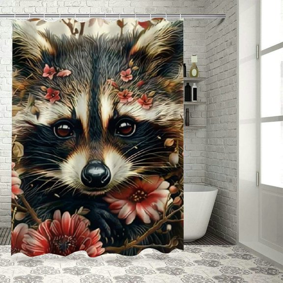 Autua Raccoon Flowers Branches Washable Shower Curtain 100% Polyester for Bathroom with Hooks 60"x72