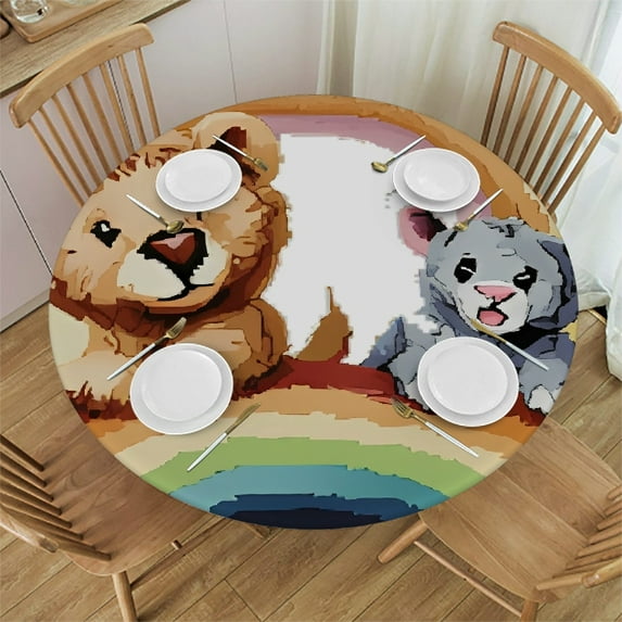 Autua Rainbow Animals Cross Stitch Round Tablecloth - Stain-Resistant, Washable - Ideal for Indoor and Outdoor Use - Waterproof Resistant Fabric - Multiple Sizes Available 54"-58