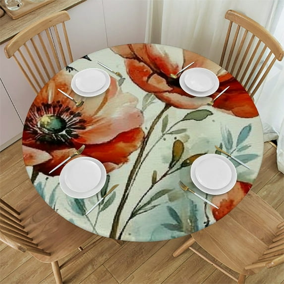 Autua Red Flowers Blue Bird Round Tablecloth Stain-Resistant 100% Polyester 42"-46