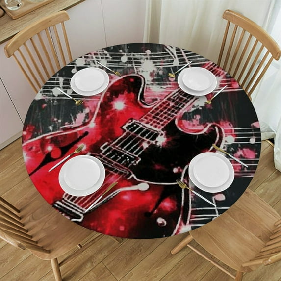 Autua Red Guitar Musical Notes Round Tablecloth Stain-Resistant 100% Polyester 38"-42