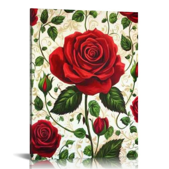 Autua Red Rose Green Leaves Rococo Canvas Wall Art Decor 24x36 12x16 in
