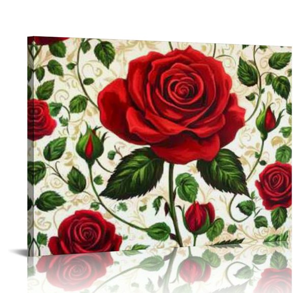 Autua Red Rose Green Leaves Rococo Canvas Wall Art Home Decor 16x12in