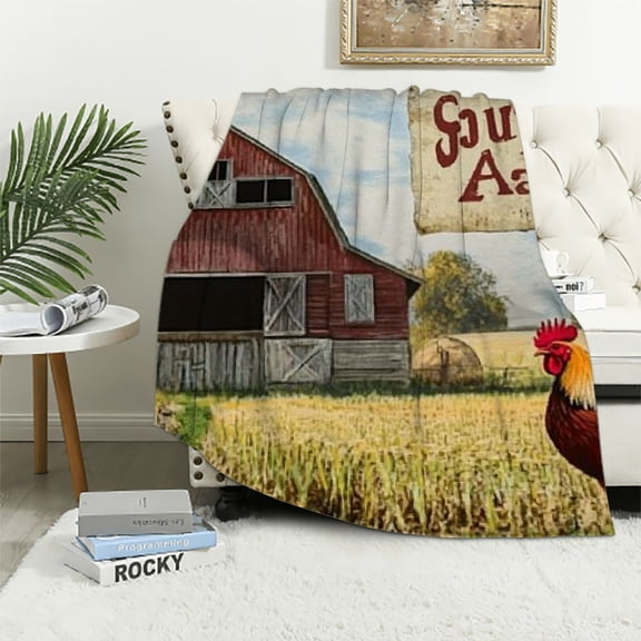 Autua Rooster Barn Farm House Warm Lightweight Blanket Soft Fleece Blankets Throw Blanket Living Rooms Sofa Decor Cow Gifts All Seasons 50x60in