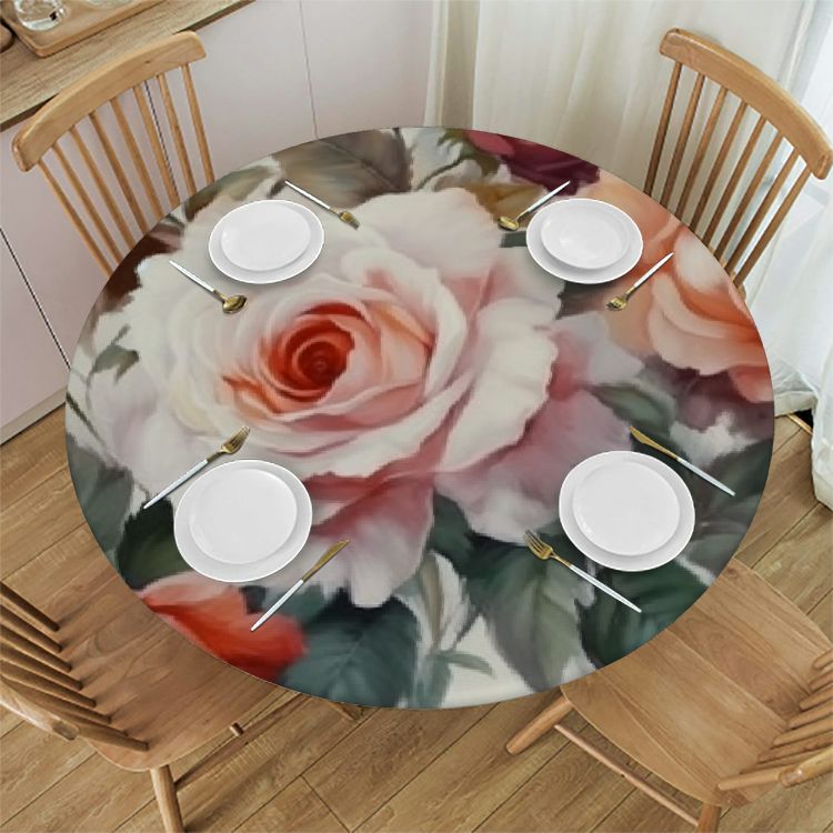 Autua Roses Flowers Painting Round Tablecloth StainResistant