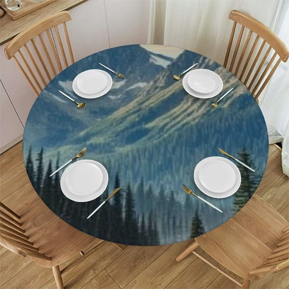 Autua Round Tablecloth Mountains Cabin Lake Stain-Resistant Washable 54"-58