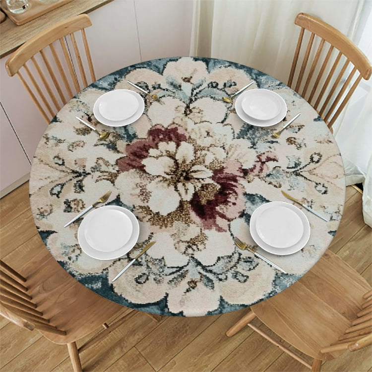 Round Baroque Rug Autua Rug Flower Design Baroque Round Tablecloth Stain-Resistant 100% ...