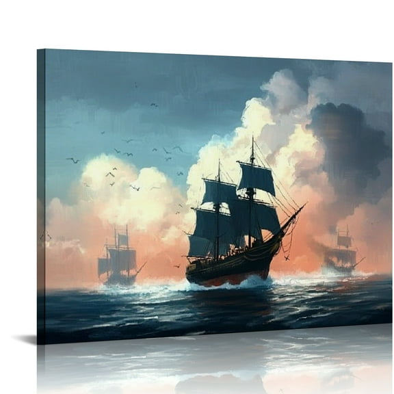 Autua Sailing Sailboat Nautical Canvas Wall Art Pirate Ship Painting Canvas Print Battleship Modern Art Picture Living Room Bedroom Art Inkjet Prints Can Be Hung Directly 20x16in