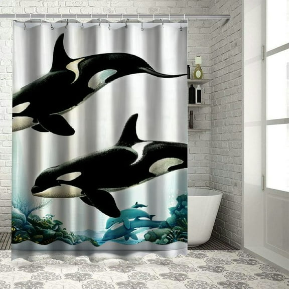 Autua Sea Animals Shower Curtain, 3 Orca Killer Whales in Different Illustration White and Black Style, Cloth Fabric Bathroom Decor Set with Hooks White and Black 36x72