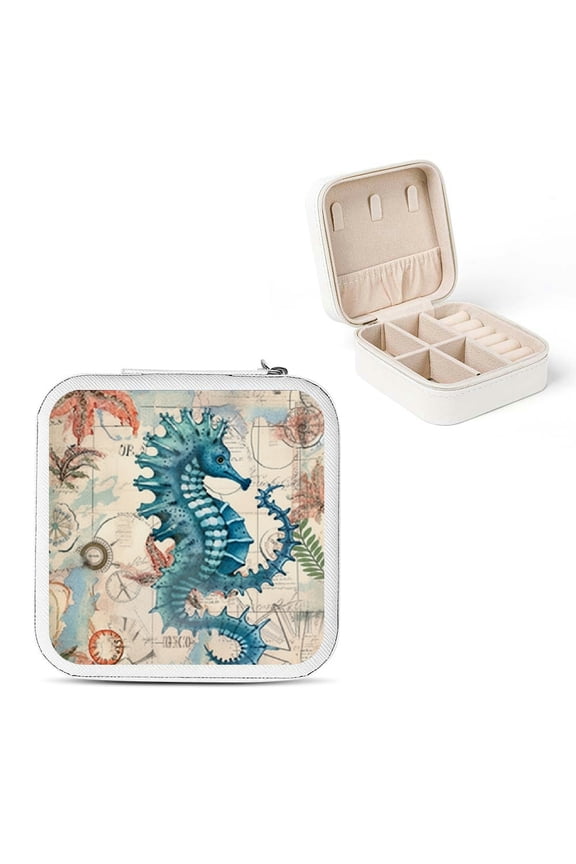 Sea Horse Starfish Shells Jewelry Box for Necklace, Ring, Earring - Compact Travel Case with Multiple Storage Slots and Zipper Closure White