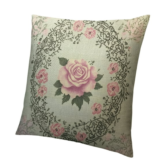 Autua Shabby chic rose pattern pillowcase lace frame with a bouquet of rose pillows upholstery home sofa décor 12x12in