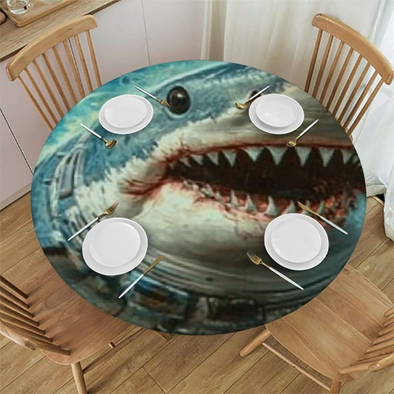 Autua Shark Planets Space Suit Round Tablecloth, Stain-Resistant Waterproof Table Cloth for Indoor and Outdoor Use 46"-50