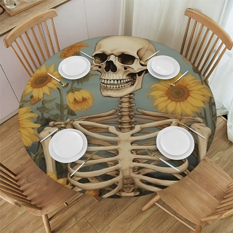 Autua Skeleton Sunflowers Butterflies Round Tablecloth Stain Resistant