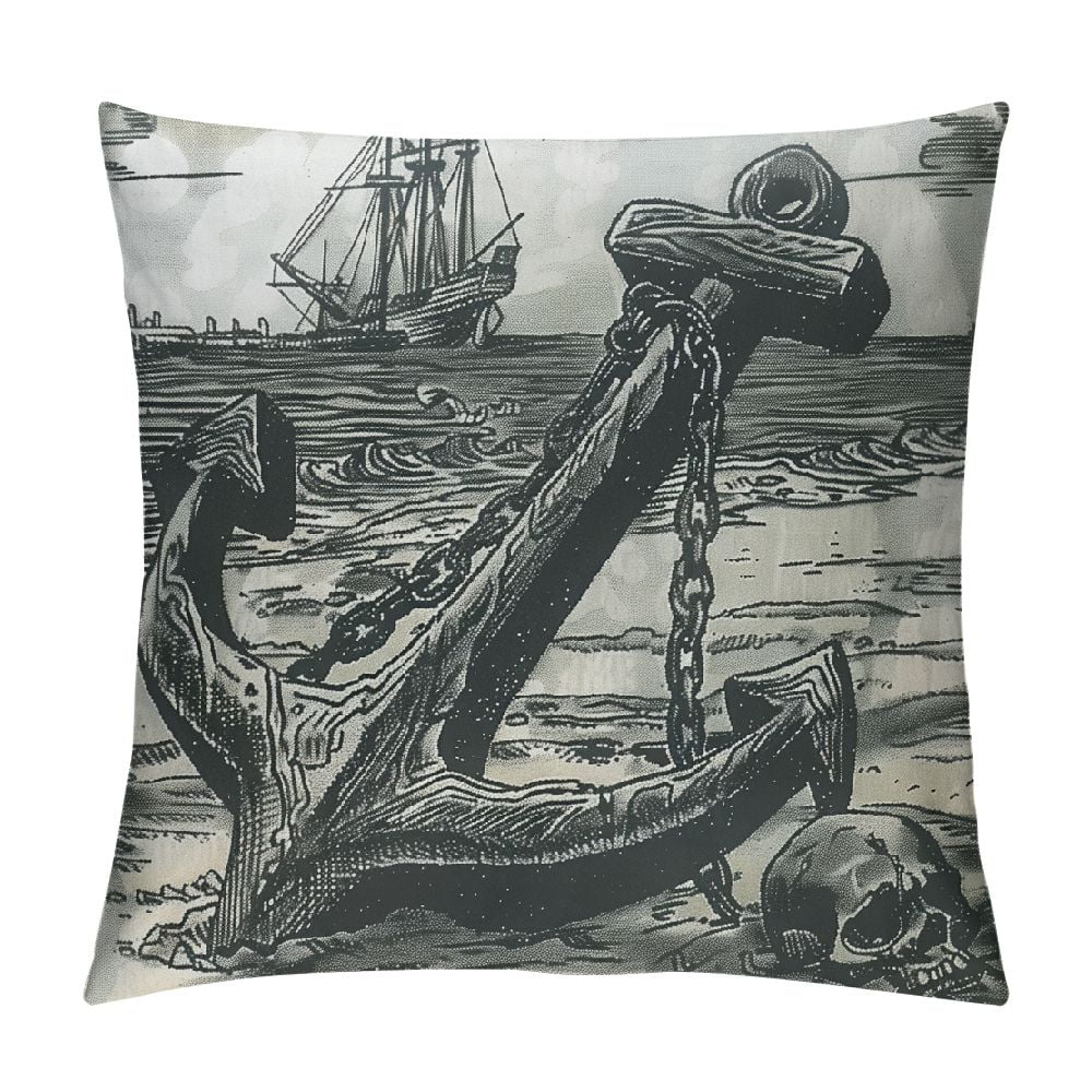 Autua Skull Anchor Ship Graphic Decorative Throw Pillow Cover for Home