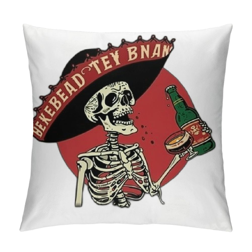 Autua Skull Beer Bottle Sombrero Graphic Decorative Throw Pillow Cover