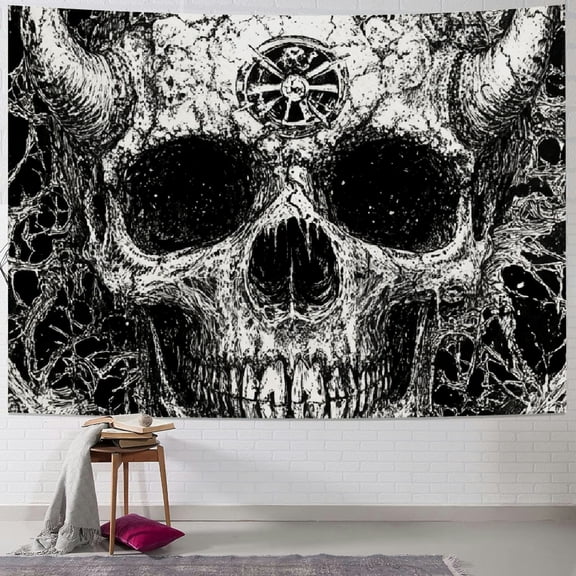 Autua Skull Tapestry, Gothic Horror Moon Skeleton Mystic Dark Tapestries for Bedroom Grunge Wall Hanging Black and White 50x40inch