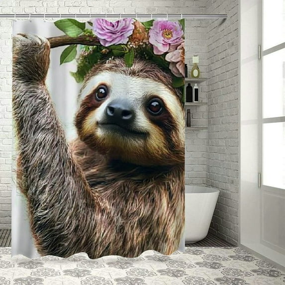 Autua Sloth Flower Crown Branch Shower Curtain for Bathroom Washable with Hooks 36"x72