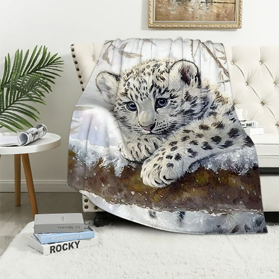 Autua Snow Leopard Throw Blanket Soft Plush Blankets for All Seasons Flannel Fabric Heat Transfer Printing Multiple Sizes High Quality Material Multi-Purpose Easy Care 40x50in