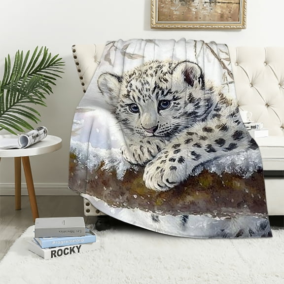 Autua Snow Leopard Throw Blanket Soft Plush Blankets for All Seasons Flannel Fabric Heat Transfer Printing Multiple Sizes High Quality Material Multi-Purpose Easy Care 60x80in