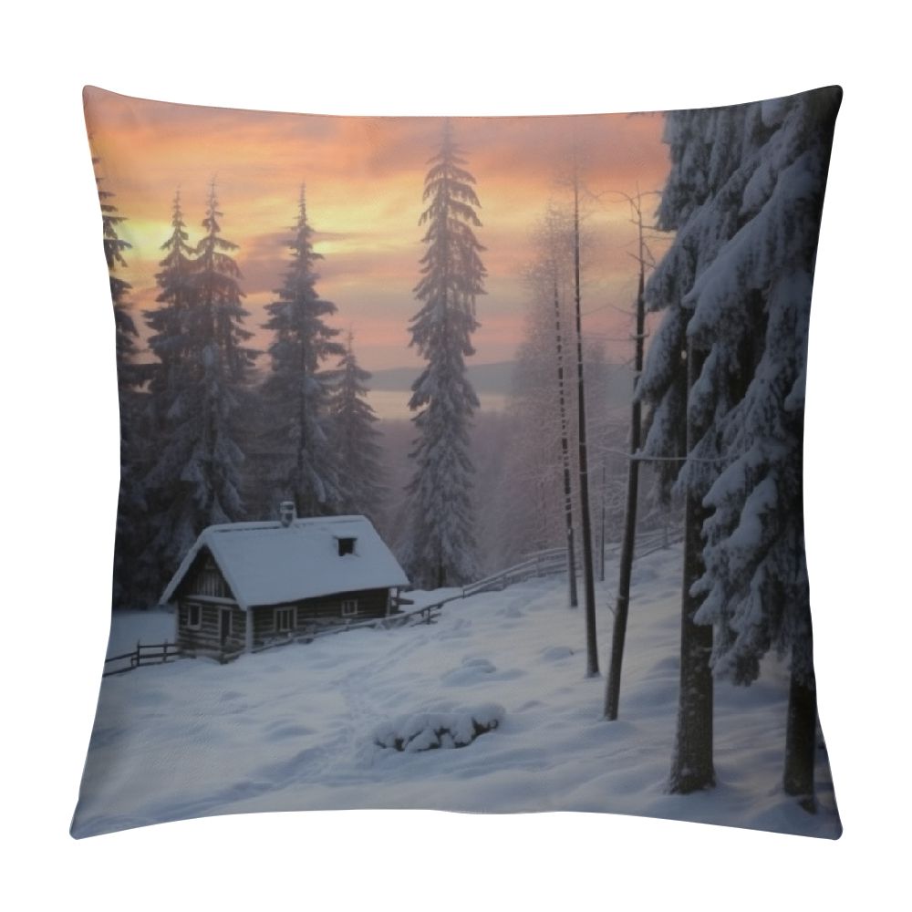 Autua Snowy Forest Sunset Graphic Decorative Throw Pillow Cover Short ...
