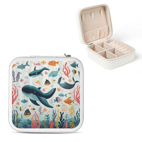 Autua Starfish Whale Travel Jewelry Case Organizer with Necklace, Ring, Earring Storage, Compact Size, Portable Design, Zipper Closure White