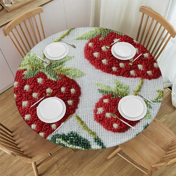 Autua Strawberry Cross Stitch Round Tablecloth Washable Stain-Resistant 46"-50