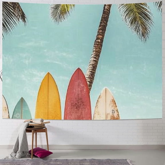 Autua Summer Beach Surfboard Tapestry Vintage Surf Palm Trees Seaside Tapestry Nature Wall Tapestry Surf Decoration 50x40inch