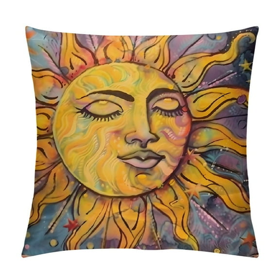 Autua Sun Faces Stars Graphic Decorative Cushion Throw Pillow Cover for Home Couch Living Room Bed Sofa Square Zipper Closure 1PC 20x20in