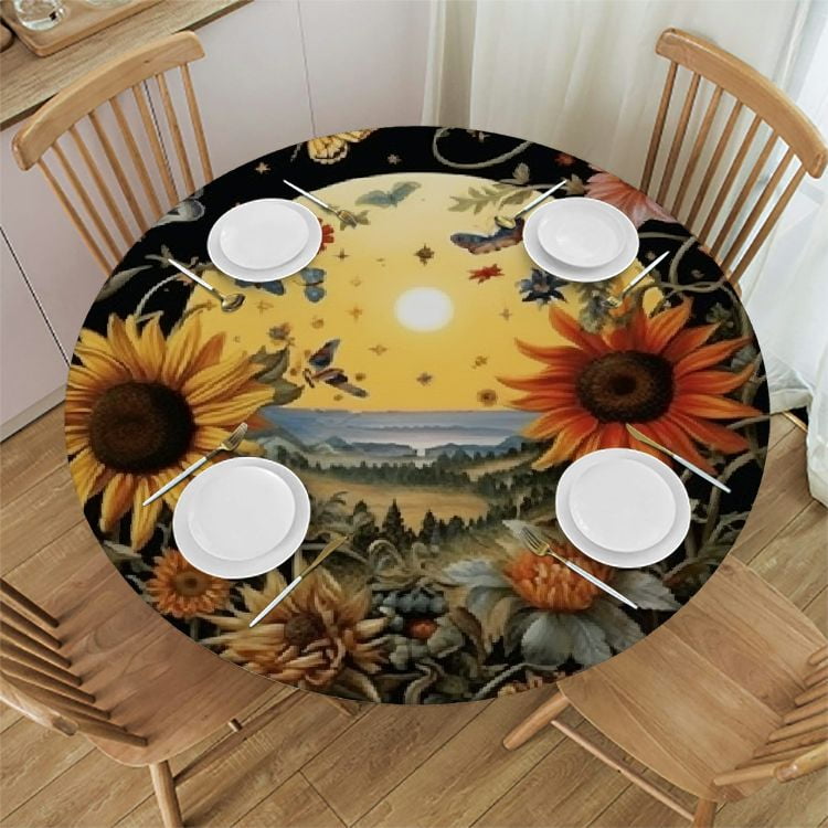 Autua Sun Flowers Butterflies Round Table Cover Stain Resistant